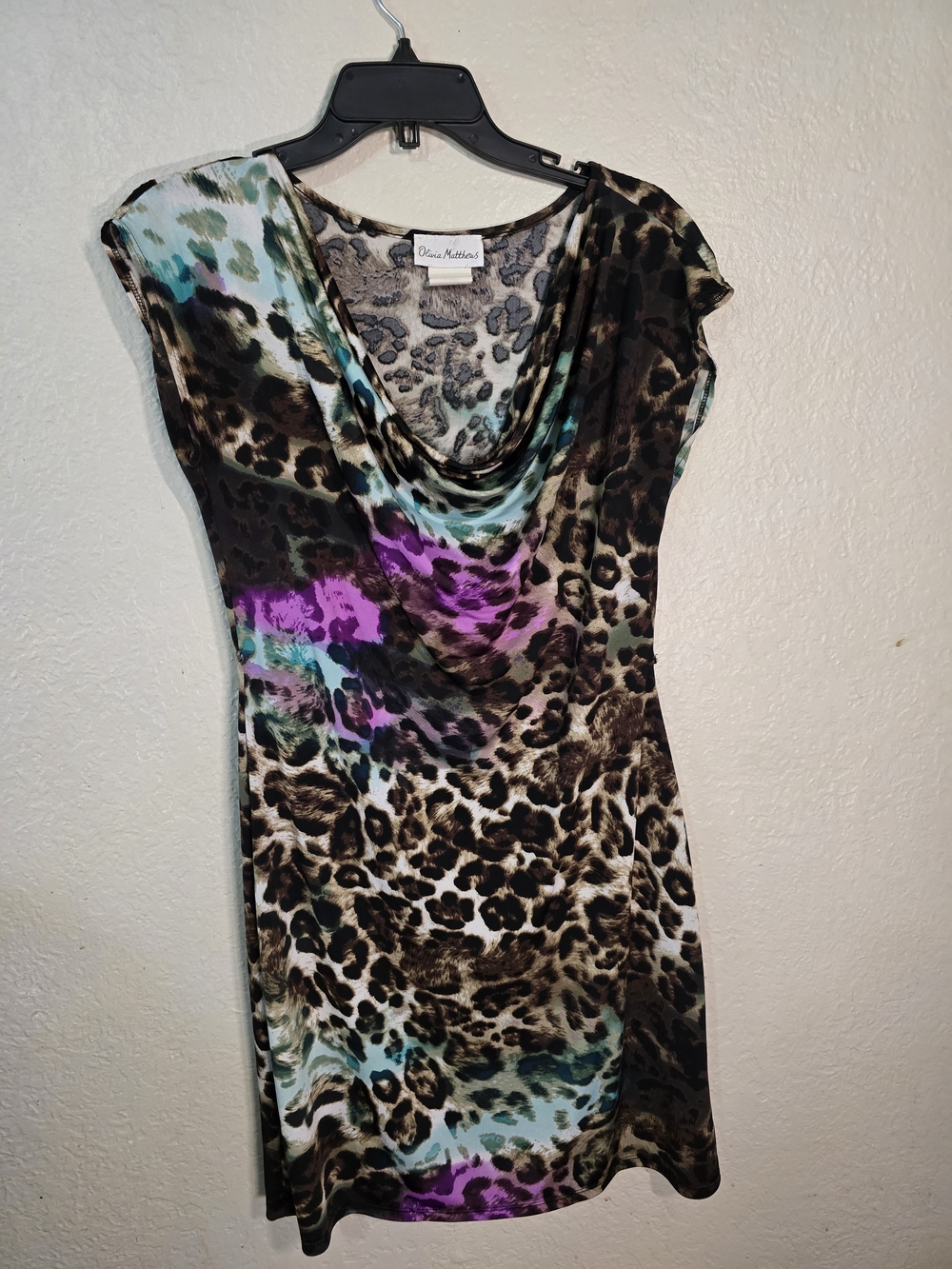 Olivia Matthews Leopard Print Cap Sleeve Dress with Teal and Purple Accents